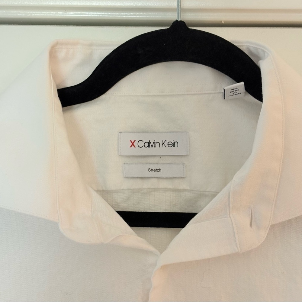 Calvin Klein Men’s White Refined Cotton Stretch Slim Fit Dress Shirt - Picture 6 of 14
